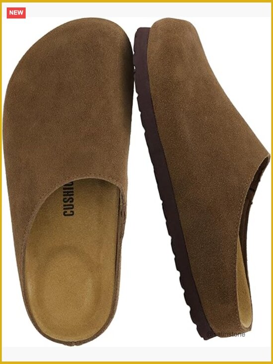 Shoes - Genuine Suede Leather Clogs with Cushioned Footbed - Comfort Slip On